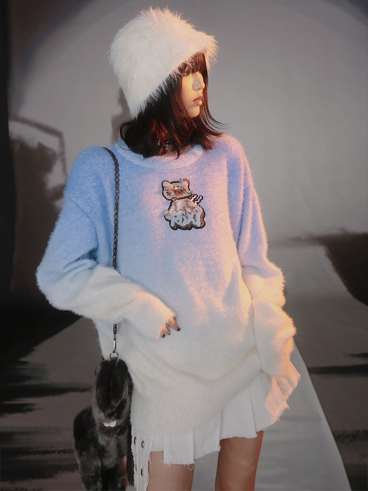 Gradient Embroidered Cat Sweater