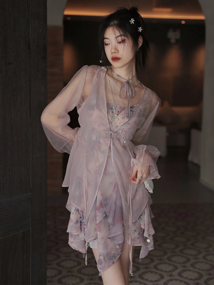 Oil Painting Printed Suspender Dress ＆ Mesh Pleat Dress ＆ Shirt Cardigan