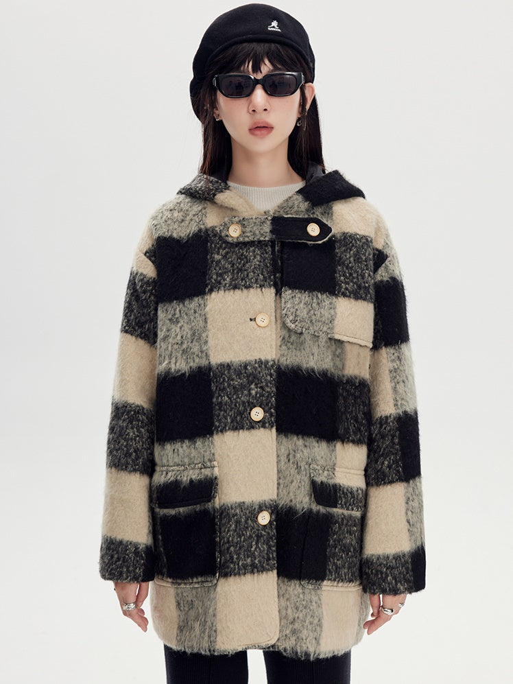 Retro Plaid Wool Hooded Coat