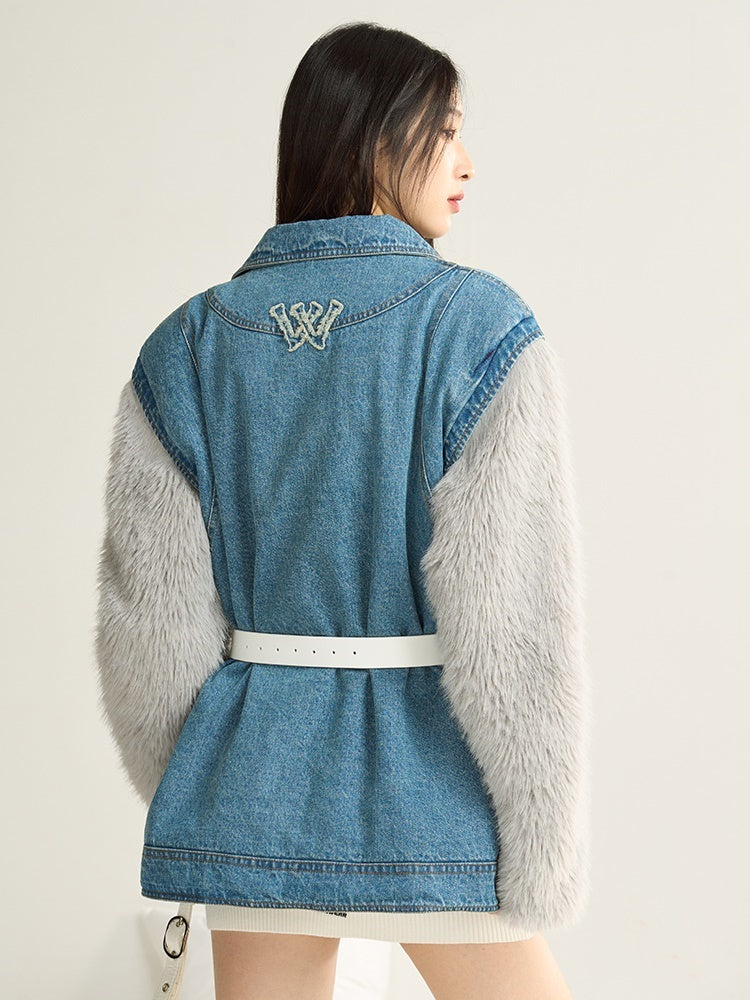 Denim Stitching Fur Jacket