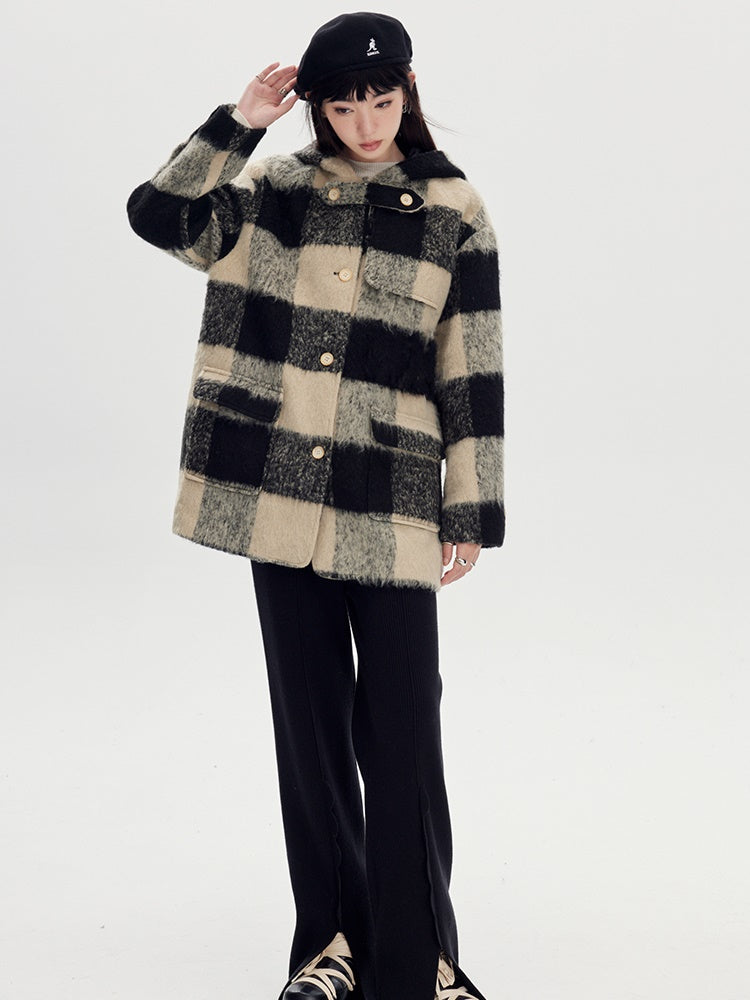 Retro Plaid Wool Hooded Coat