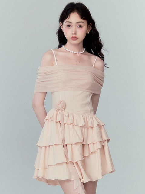 Strap Off-shoulder Ruffle Stitching Dress