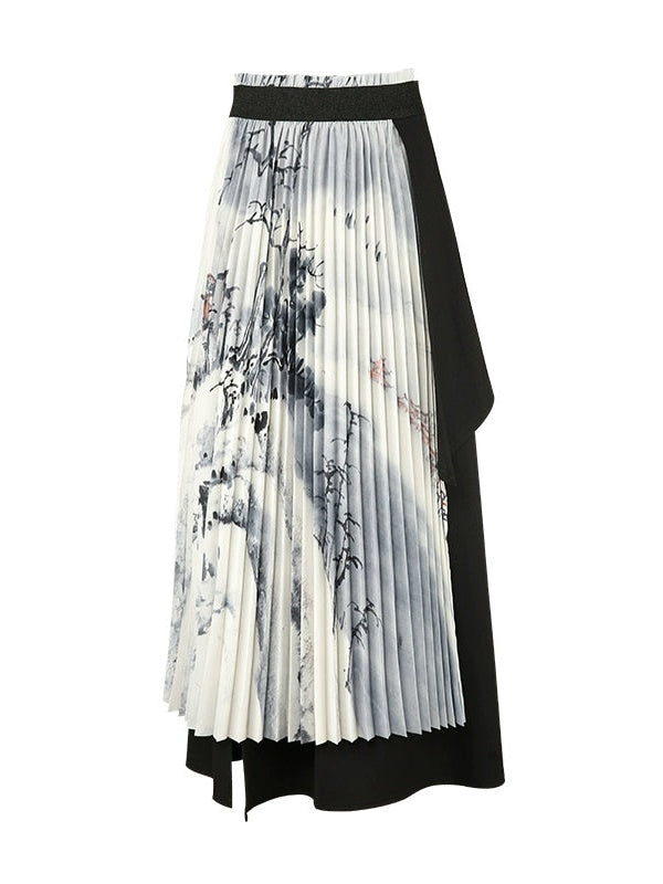 Chinese Ink Pleated Skirt & Shawl & Asymmetry Design Top