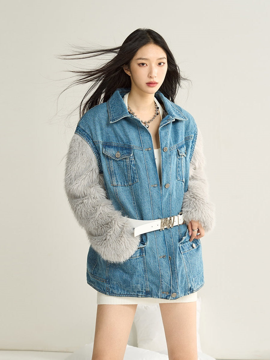 Denim Stitching Fur Jacket