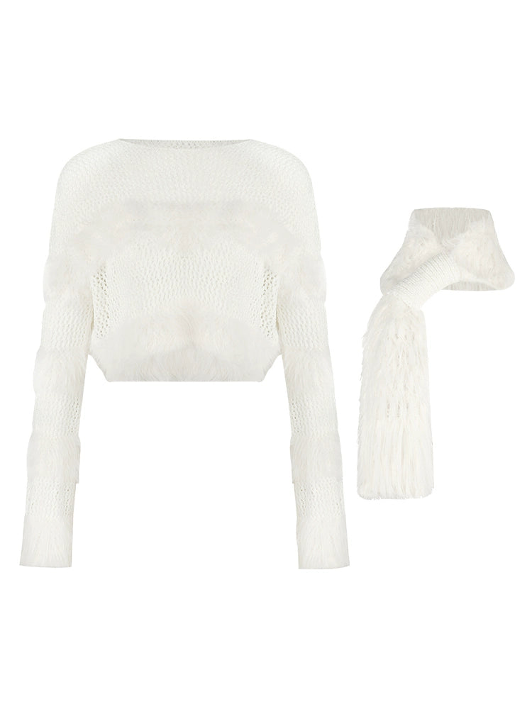 Fluffy Cropped Sweater & Imitation Fur Scarf