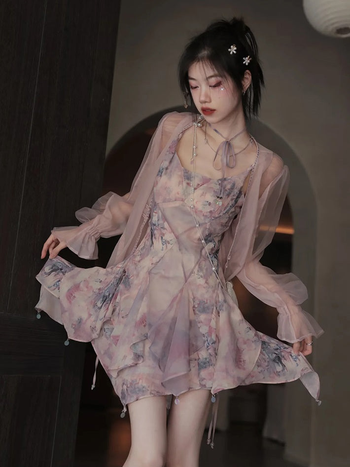 Oil Painting Printed Suspender Dress ＆ Mesh Pleat Dress ＆ Shirt Cardigan