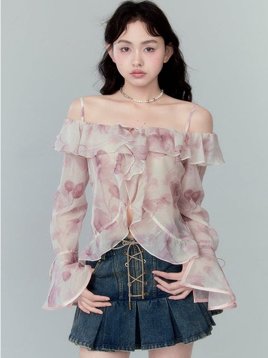 Trumpet Sleeve One Shoulder Lotus Leaf Chiffon Shirt