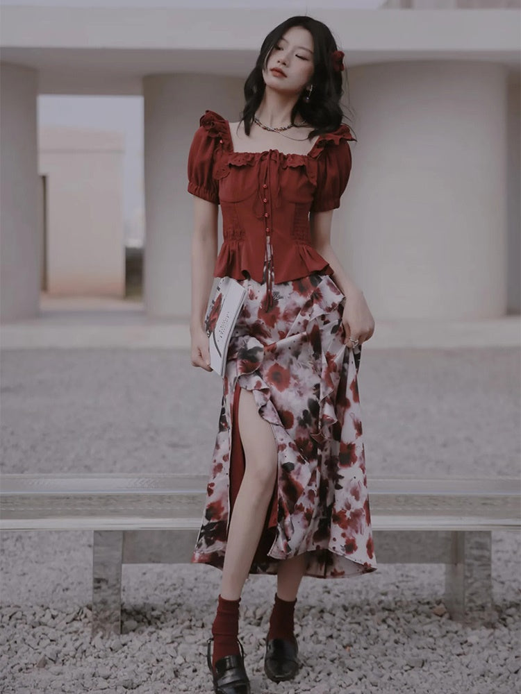 Embroidered Square Neck Shirt & Printed Skirt