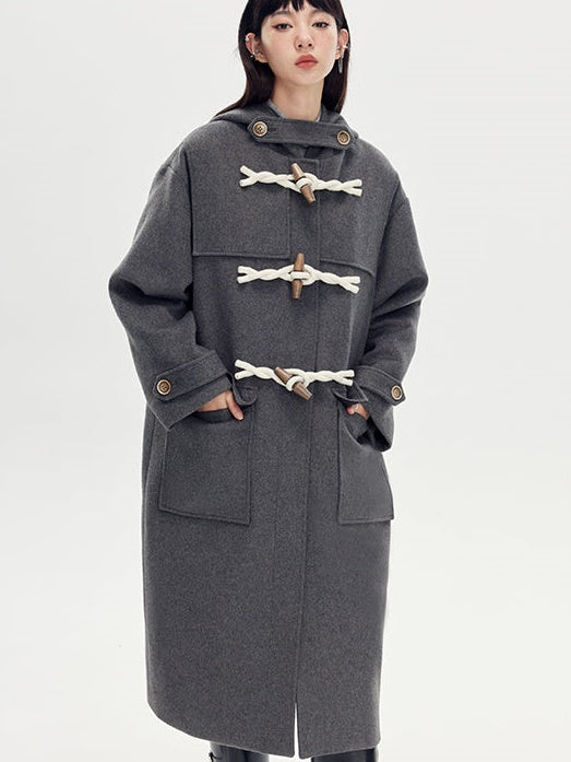 Horn Buckle Hooded Long Woolen Coat