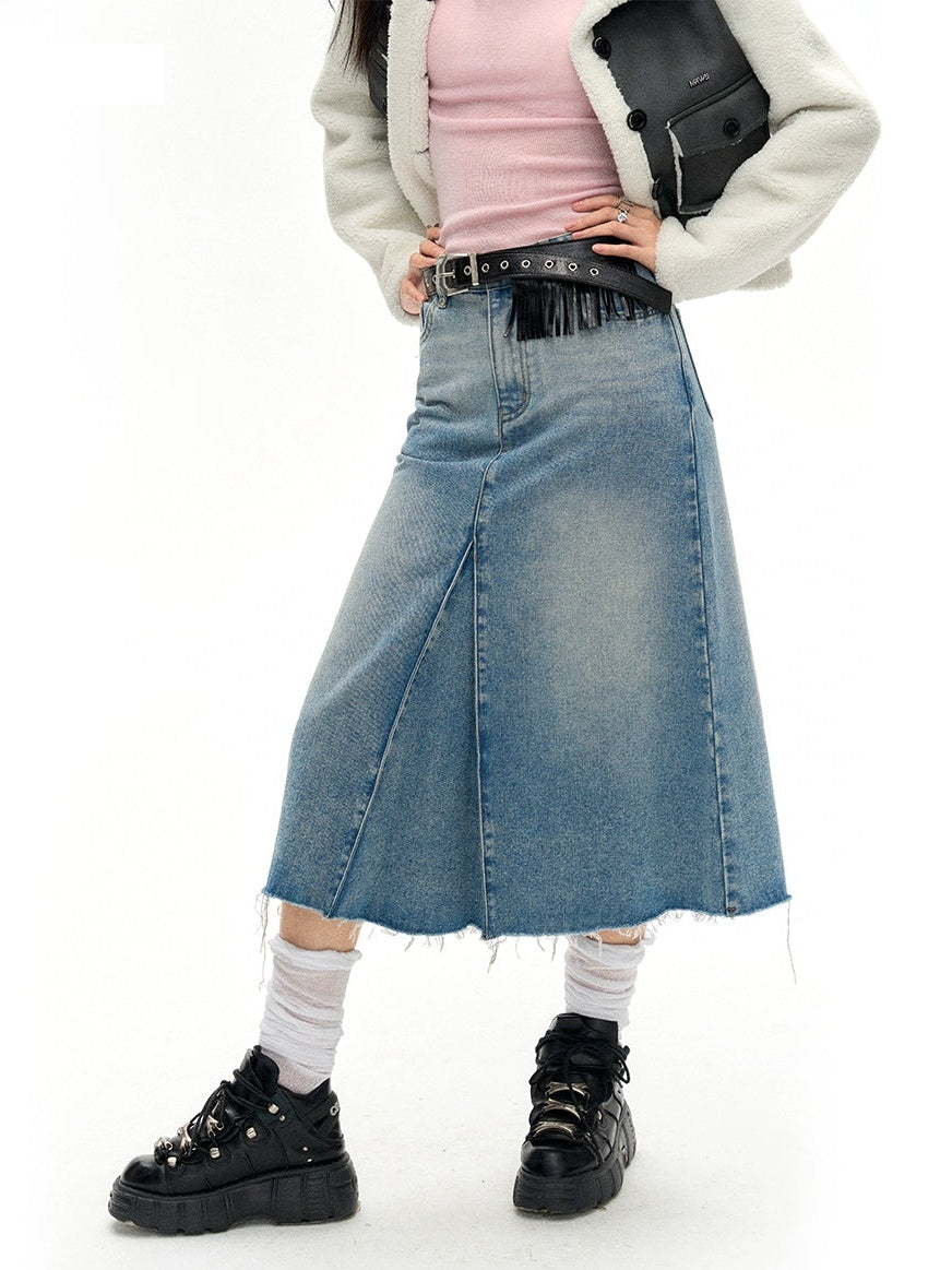 Accordion Hem Raw Edge Denim Skirt