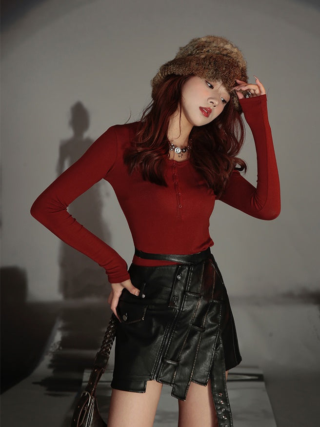 Round Neck Half Button Bottoming Knitted Shirt