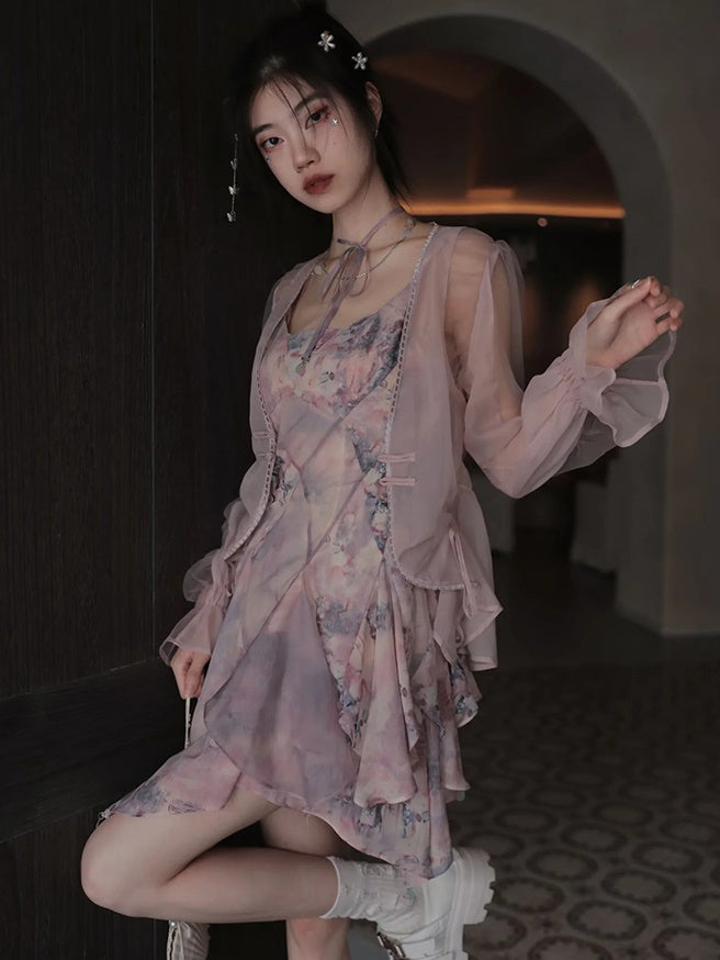 Oil Painting Printed Suspender Dress ＆ Mesh Pleat Dress ＆ Shirt Cardigan