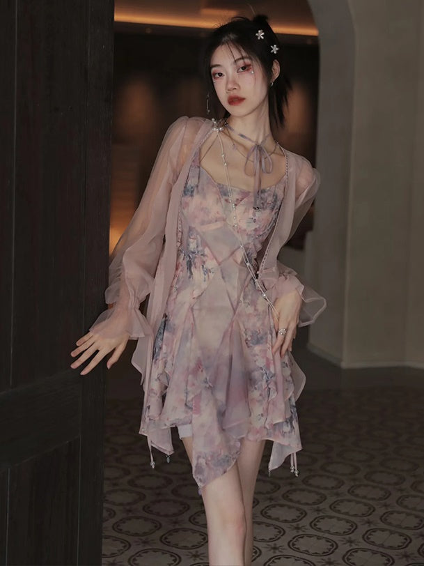 Oil Painting Printed Suspender Dress ＆ Mesh Pleat Dress ＆ Shirt Cardigan