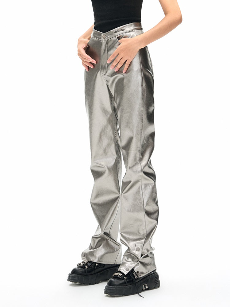 V-shaped High Waist Metallic Leather Pants