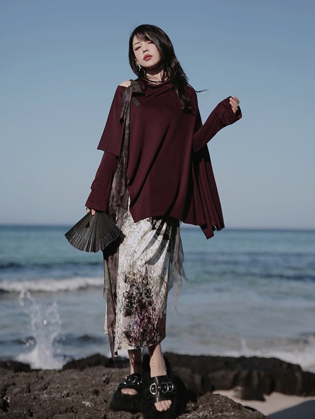 One-Shoulder Switching Forest Dress ＆ Velvet Cape