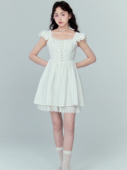 Stitching Lace Jacquard Flying Sleeve Dress