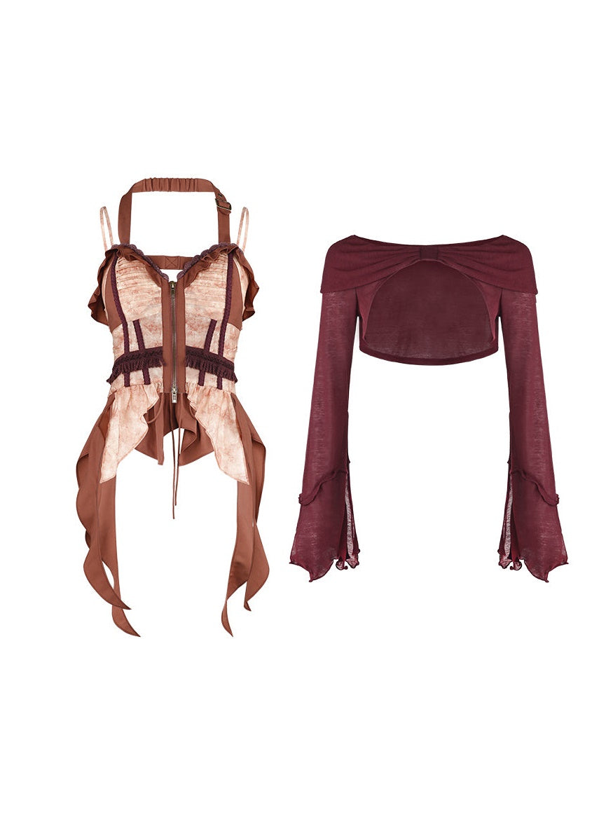 Ribbon Design Pullover Bolero & Camisole Set-up