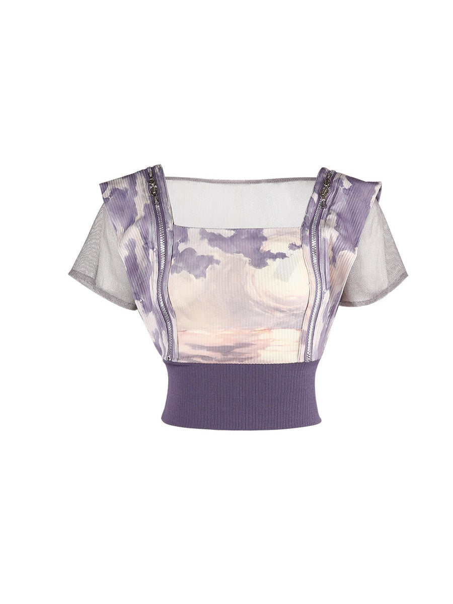 Print Cropped Top & Suspender Tulle Skirt