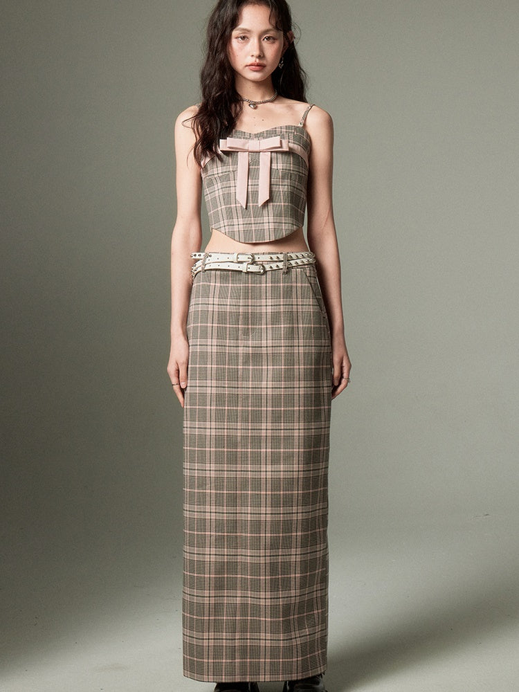 Plaid Bow Cropped Camisole ＆ Long Skirt