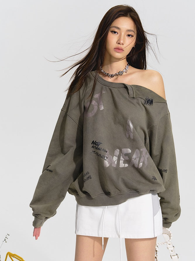 Graffiti One-shoulder Loose Sweat