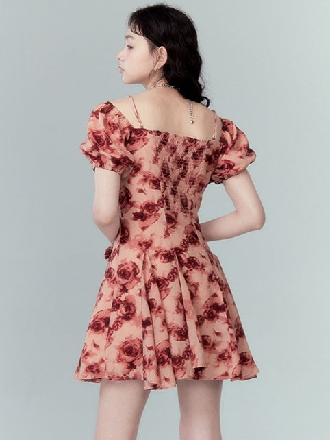 Rose Print Square Collar Puff Sleeve Dress