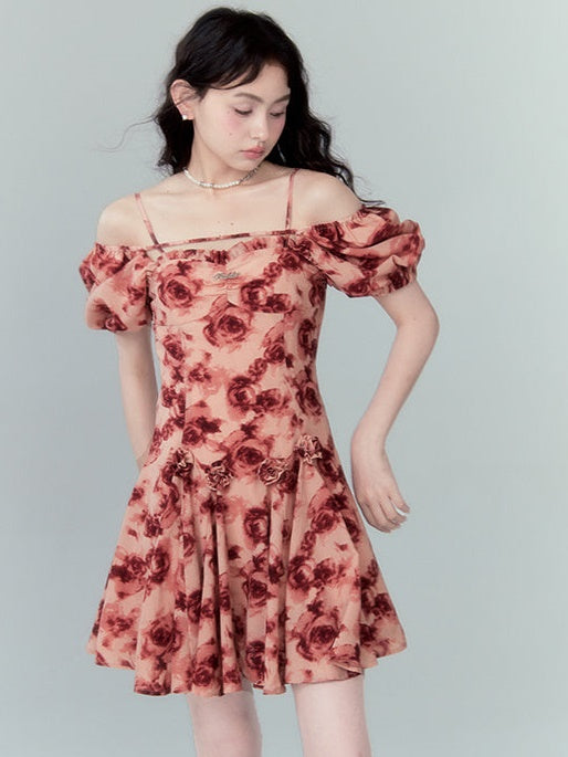 Rose Print Square Collar Puff Sleeve Dress