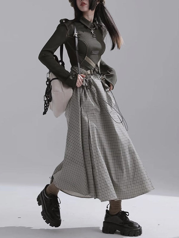 Plaid LongDress & Strap Design Jacket