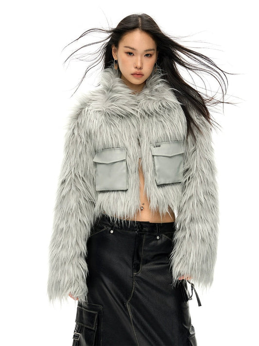 Work Pocket Long Hair Short Eco-friendly Fur Jacket