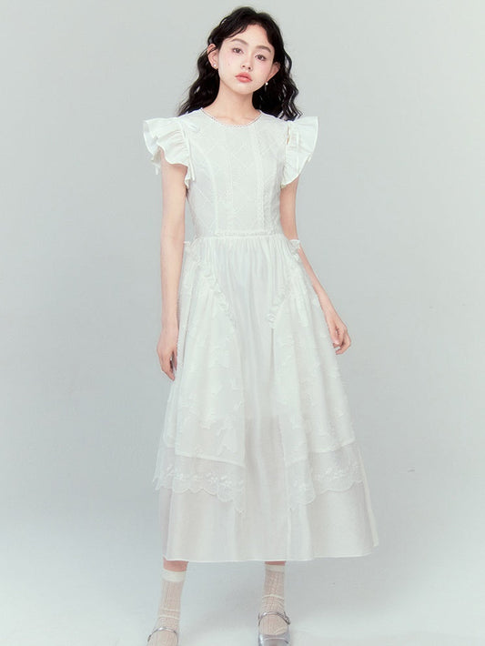 Flying Sleeve Lace Ruffled Dress