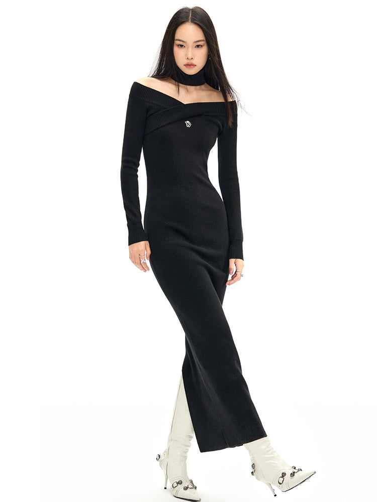 Cross-neck Long Slim Knit Dress