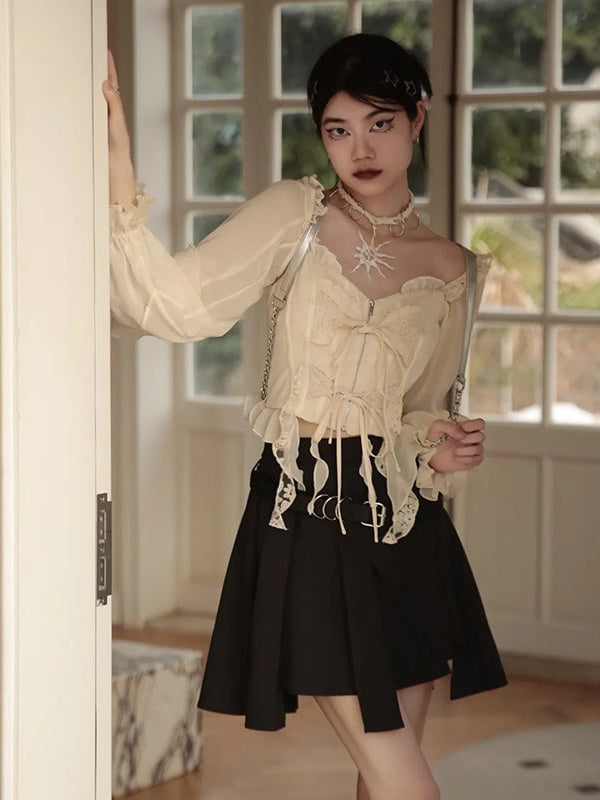 Embroidered Lace Stitch Pullover ＆ Removable Sleeve Corset Top