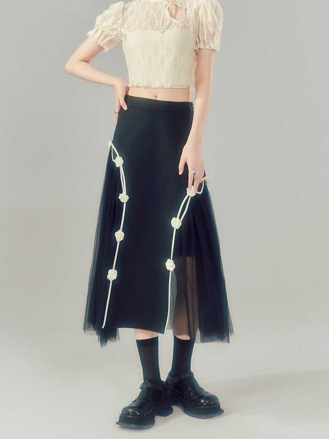 High Waist Bow Mesh Irregular Skirt