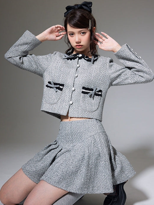 Small Fragrance Bow Cardigan Jacket & Pleated Skirt