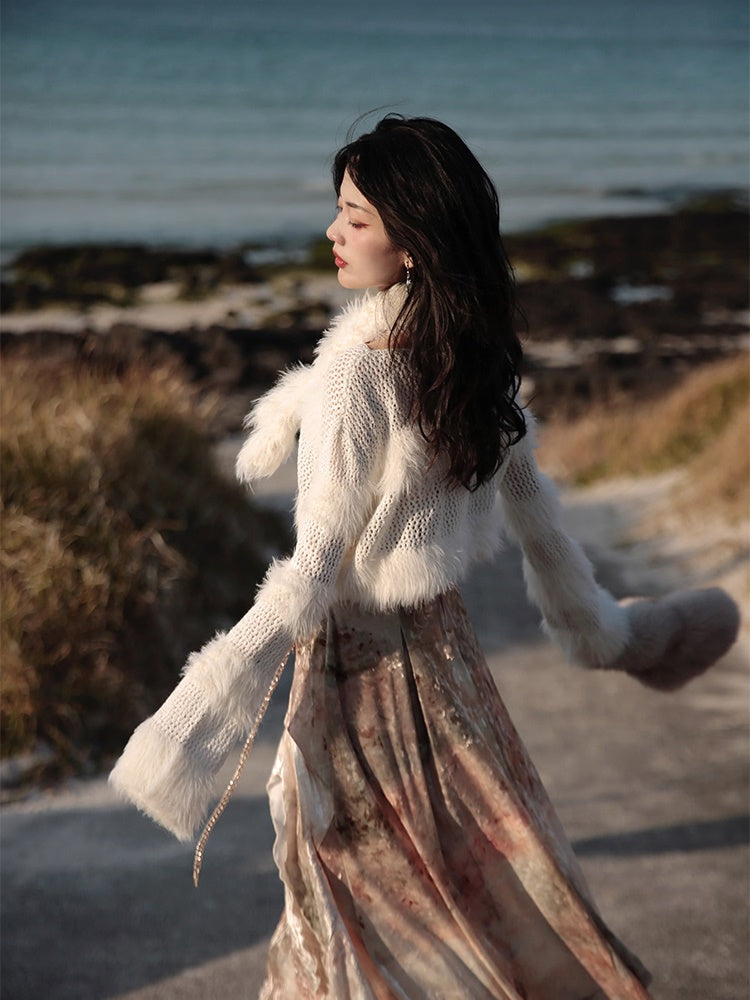 Fluffy Cropped Sweater & Imitation Fur Scarf