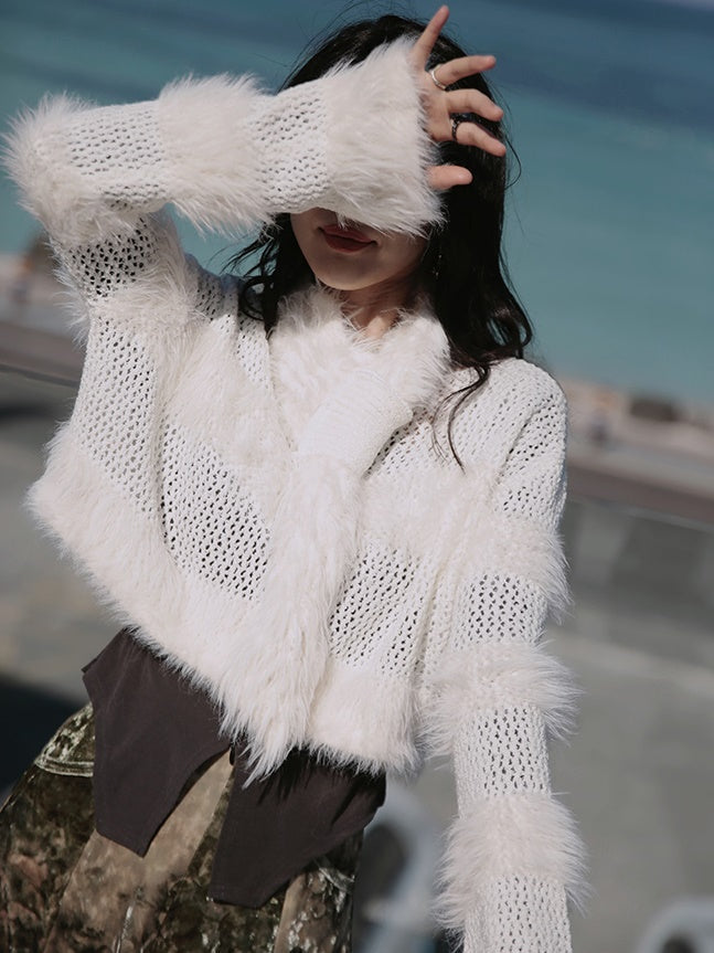 Fluffy Cropped Sweater & Imitation Fur Scarf