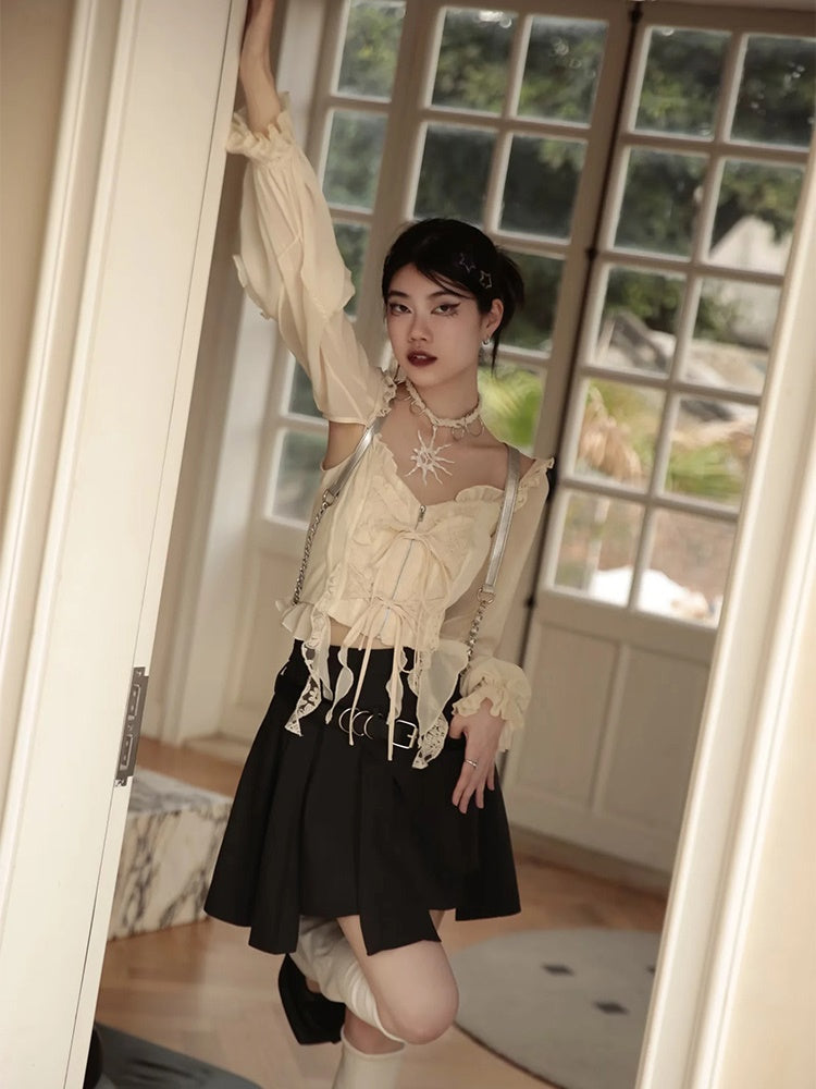 Embroidered Lace Stitch Pullover ＆ Removable Sleeve Corset Top