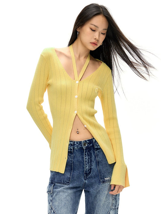 V-neck Halterneck Slim Knitted Cardigan