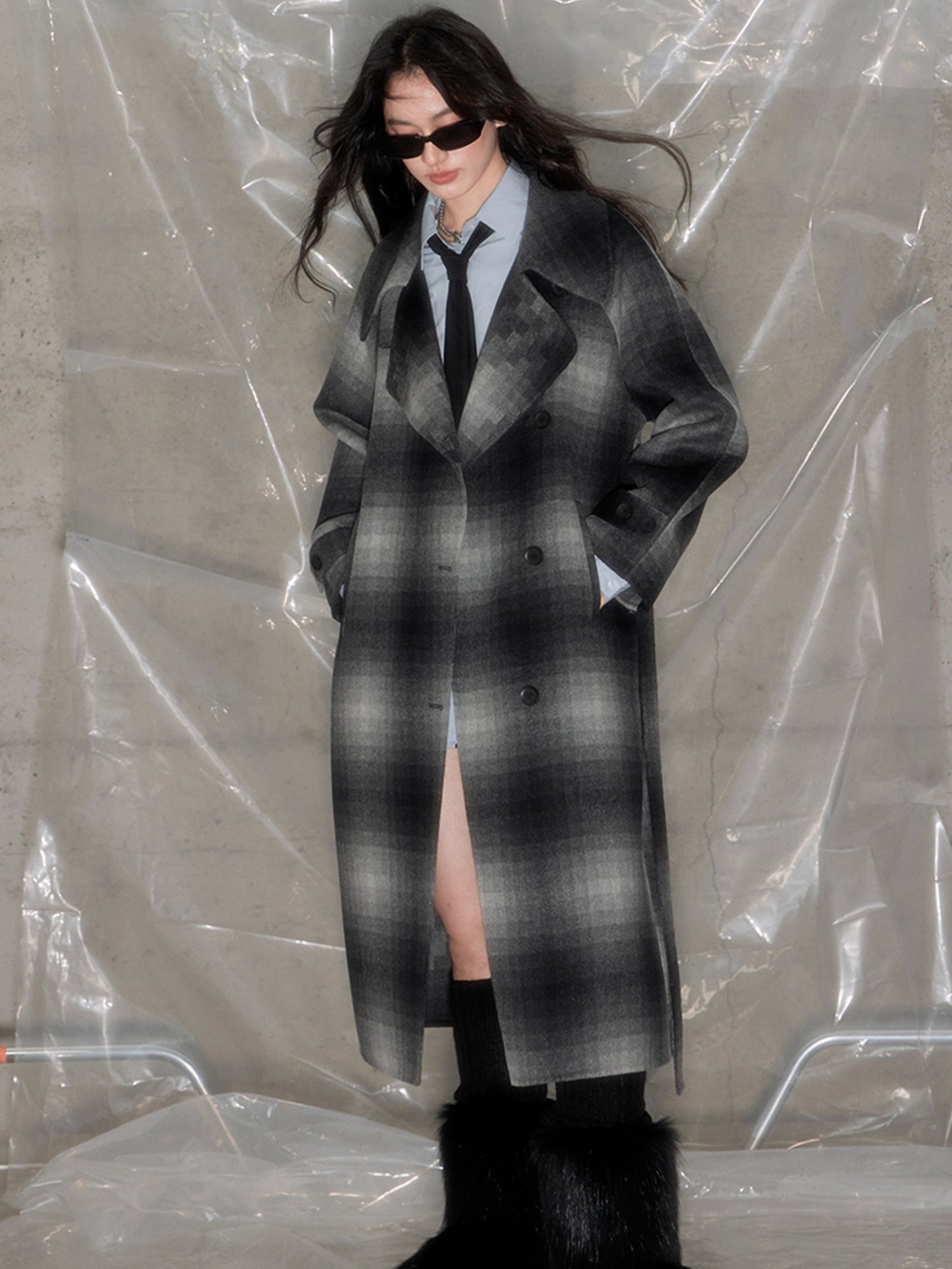 Mosaic Plaid Double-sided Wool Blend Coat