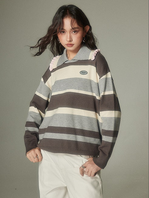 Frill Collar Contrast Border Loose Sweater