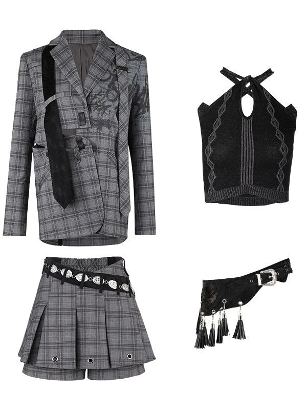 Graffiti Printed Plaid Loose Jacket ＆ Pleated Culottes & Vest ＆ Belt