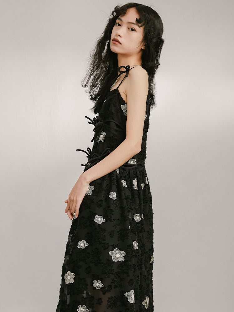 Bow Tie Irregular Sling Midi Embroidered Dress