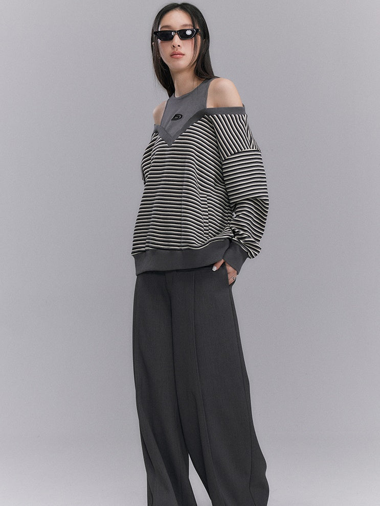 Striped Cut-Shoulder V-neck Pullover