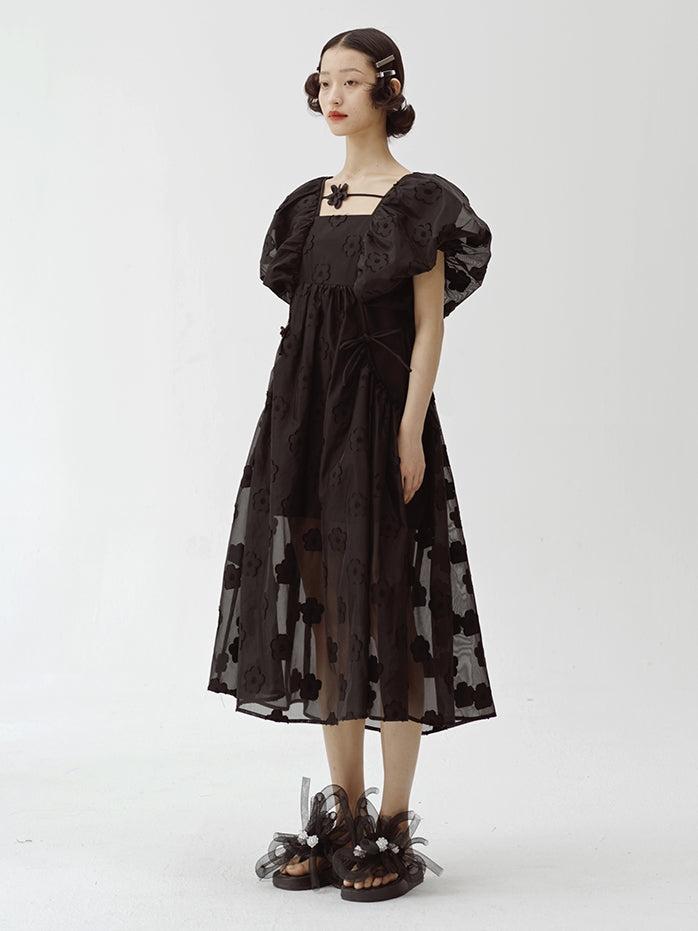 Puff Sleeve Mesh Jacquard Black Dress