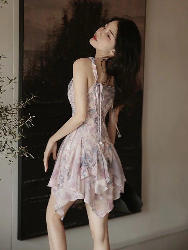 Oil Painting Printed Suspender Dress ＆ Mesh Pleat Dress ＆ Shirt Cardigan