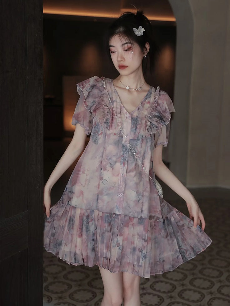 Oil Painting Printed Suspender Dress ＆ Mesh Pleat Dress ＆ Shirt Cardigan