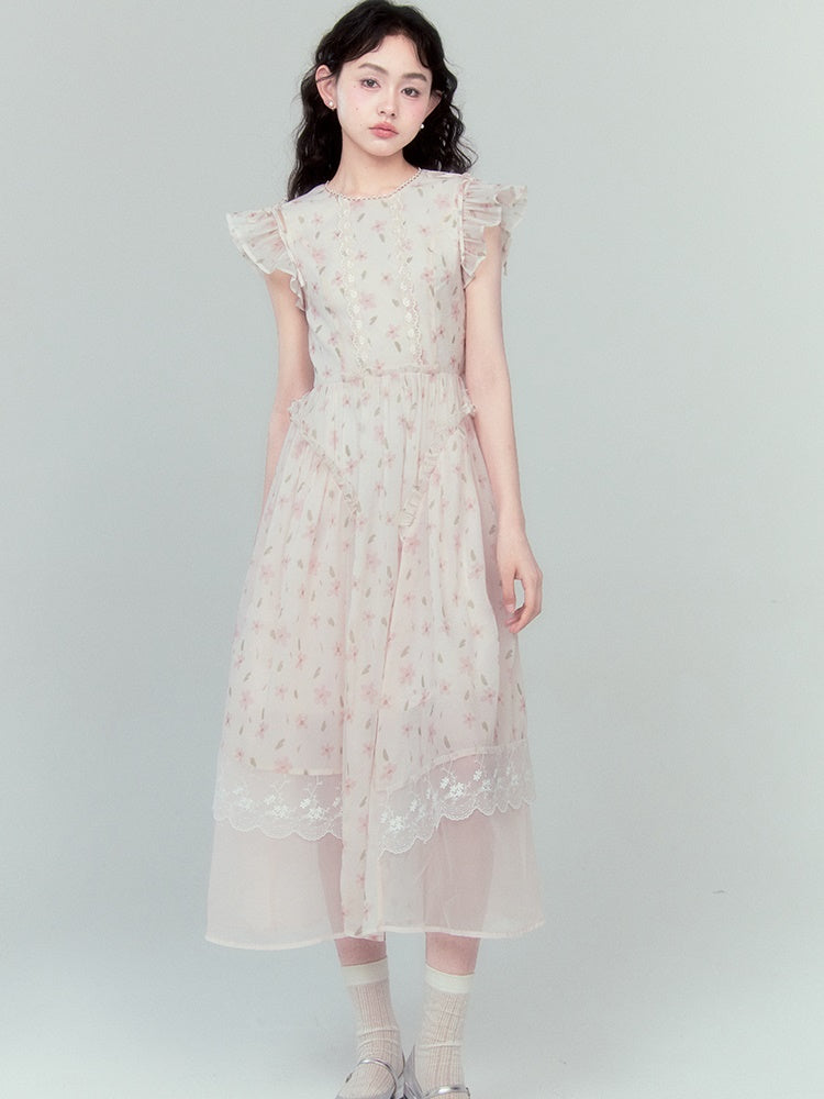 Flying Sleeve Lace Ruffled Dress