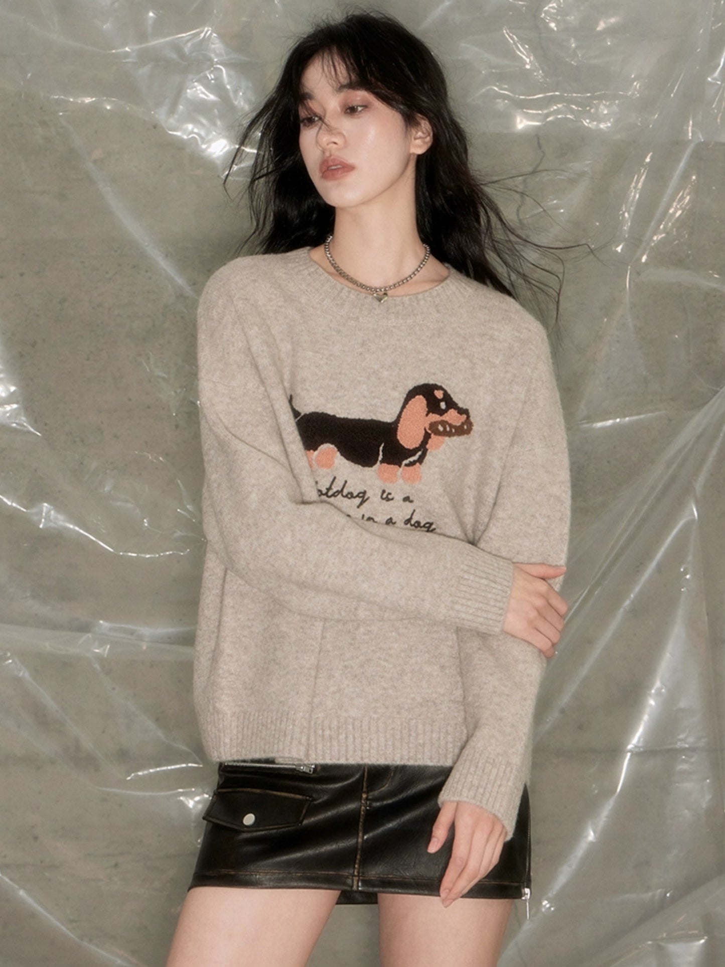 Dog Lazy Round Neck Pullover Sweater