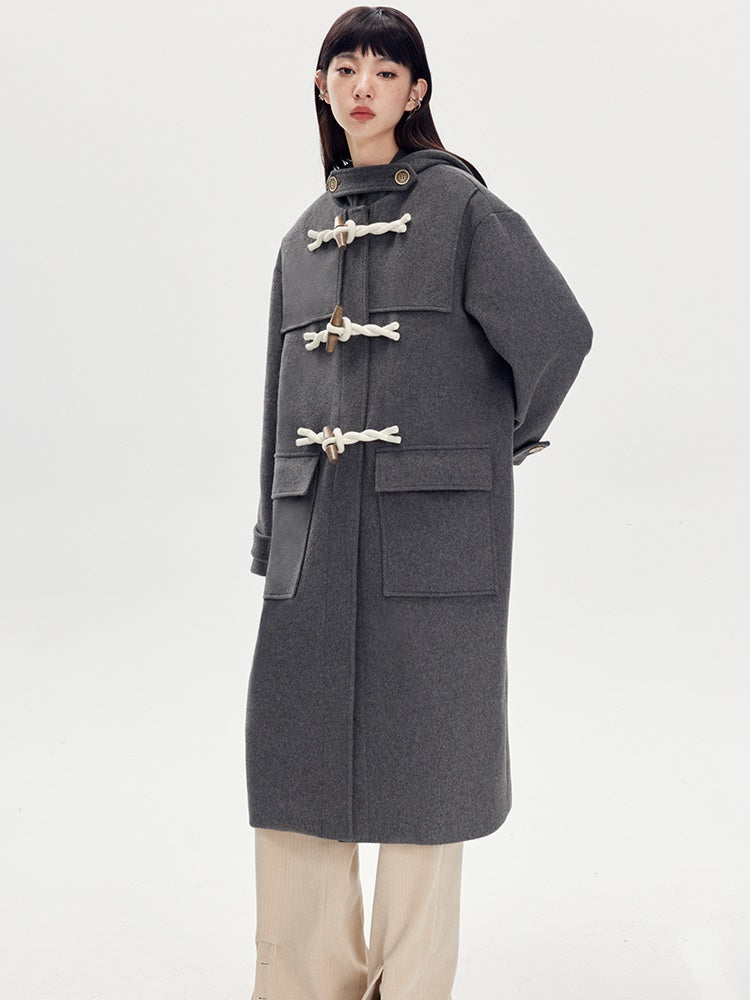 Horn Buckle Hooded Long Woolen Coat