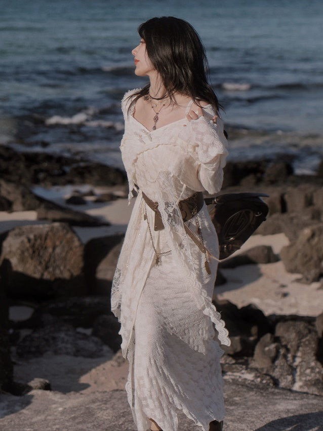 Fairy Style Mermaid Slip Dress ＆ Asymmetry Lace Top ＆ Belt