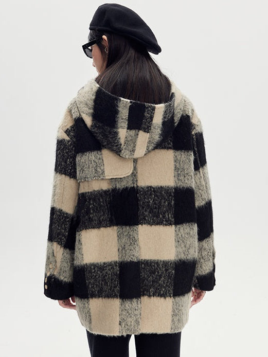 Retro Plaid Wool Hooded Coat